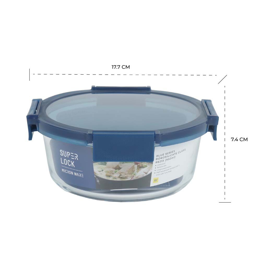 SUPER LOCK กล่องอาหารแก้วกลมบลู950ML