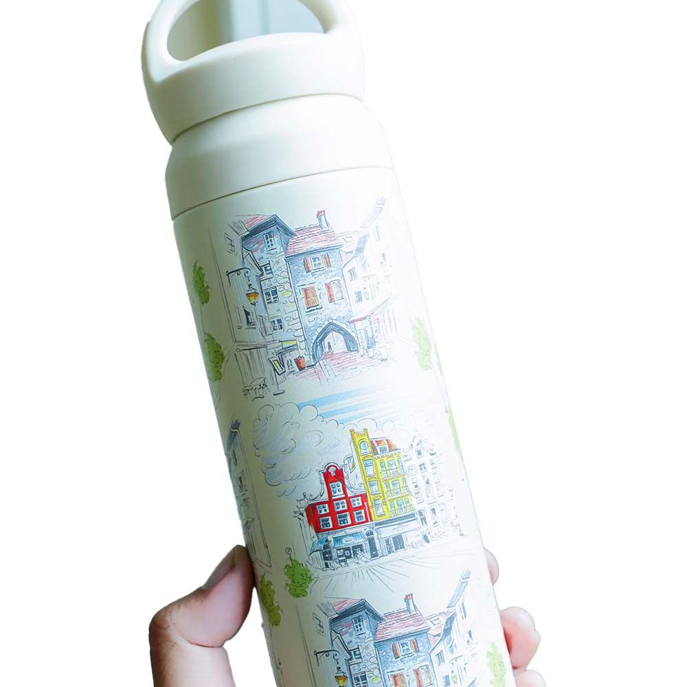 กระบอกน้ำสแตนเลสมีหูพิมพ์ลาย 500 มล. (คละแบบ)