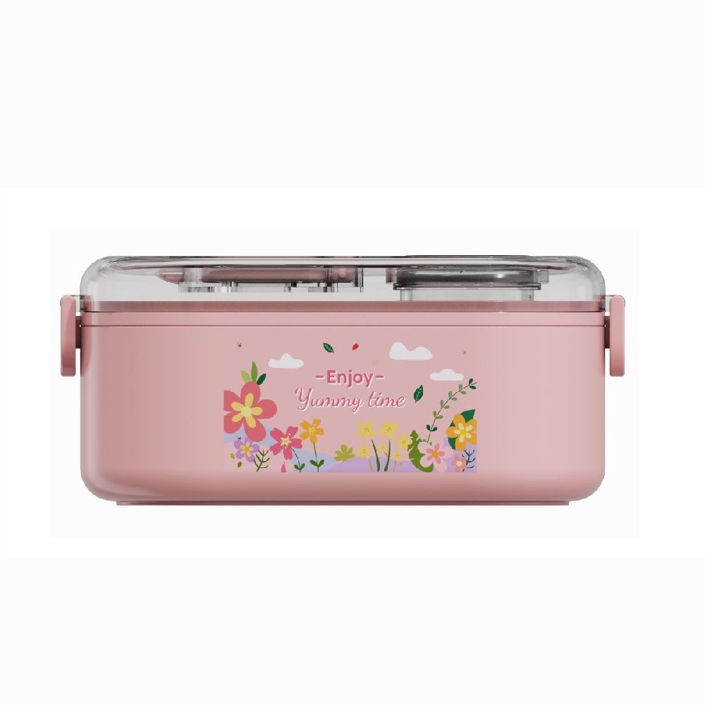 กล่องอาหารสแตนเลส 2 ช่องพร้อมช้อน 700 มล. (คละแบบ)