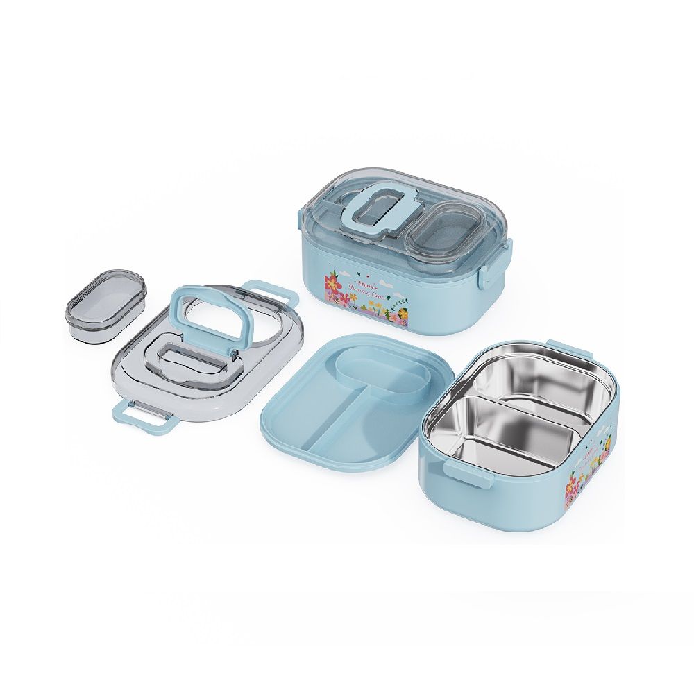 กล่องอาหารสแตนเลส 2 ช่องพร้อมช้อน 700 มล. (คละแบบ)