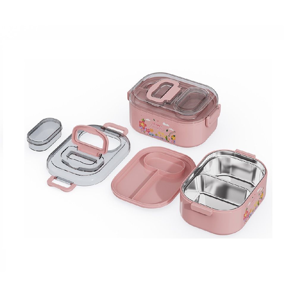 กล่องอาหารสแตนเลส 2 ช่องพร้อมช้อน 700 มล. (คละแบบ)