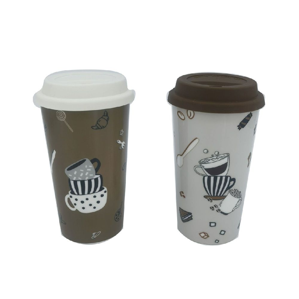 แก้วคู่เซรามิค พร้อมฝาซิลิโคน 380 มล. แพ็ค 2 (คละแบบ)