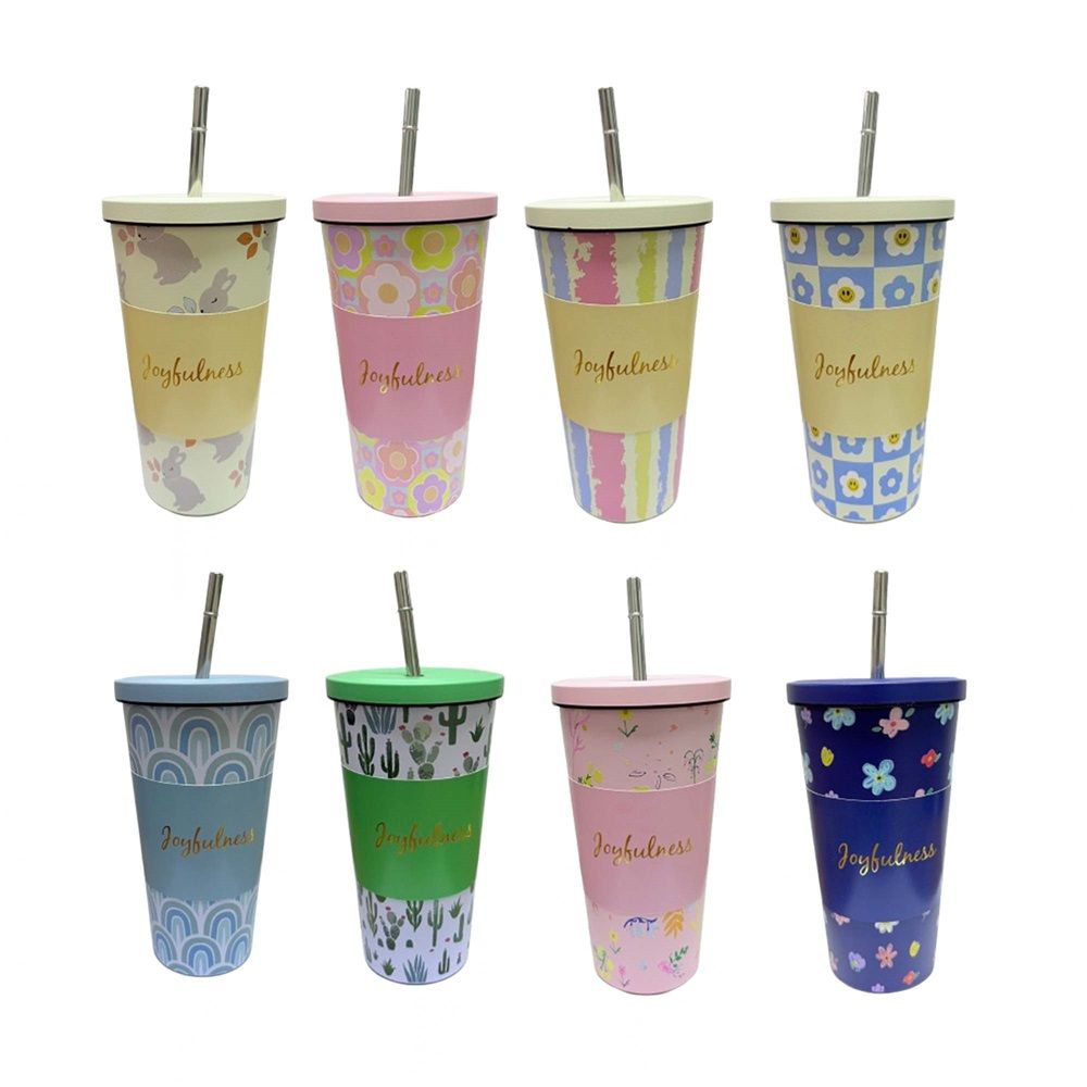 แก้วน้ำสแตนเลสพร้อมหลอด 500มล. (คละแบบ)