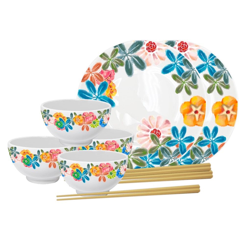 เซตจานชามเซรามิก 6 ชิ้นพร้อมตะเกียบ 4คู่(คละแบบ)