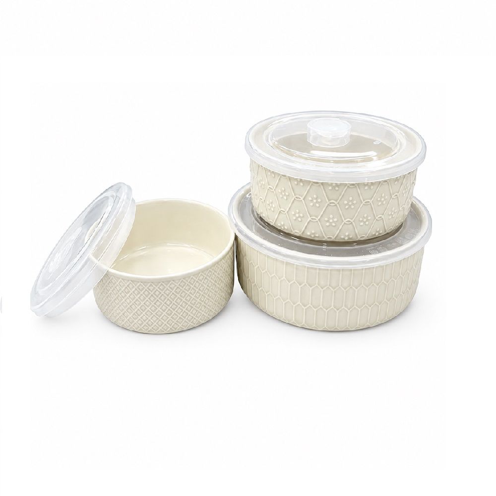 ROUND CERAMIC BOWL SET WITH LIDS CREAM 3 PCS