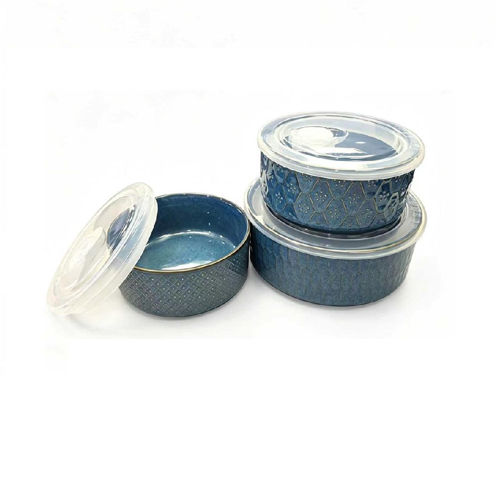 ROUND CERAMIC BOWL SET WITH LIDS BLUE 3 PCS