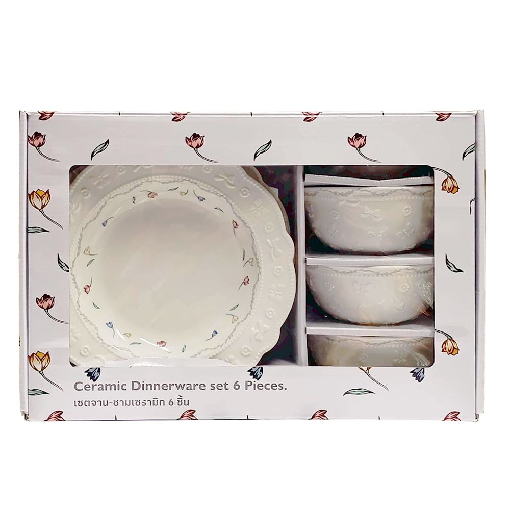 เซตจานชามเซรามิกเอ็มบอซ 6 ชิ้น (คละแบบ)