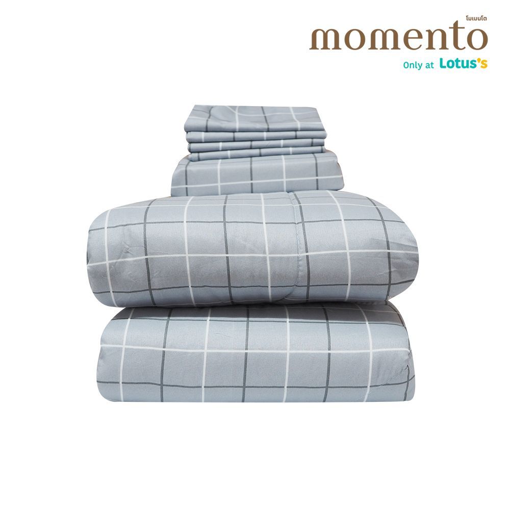MOMENTO ผ้าปูไมโครตารางเทา 3.5 ฟุต + ผ้านวม