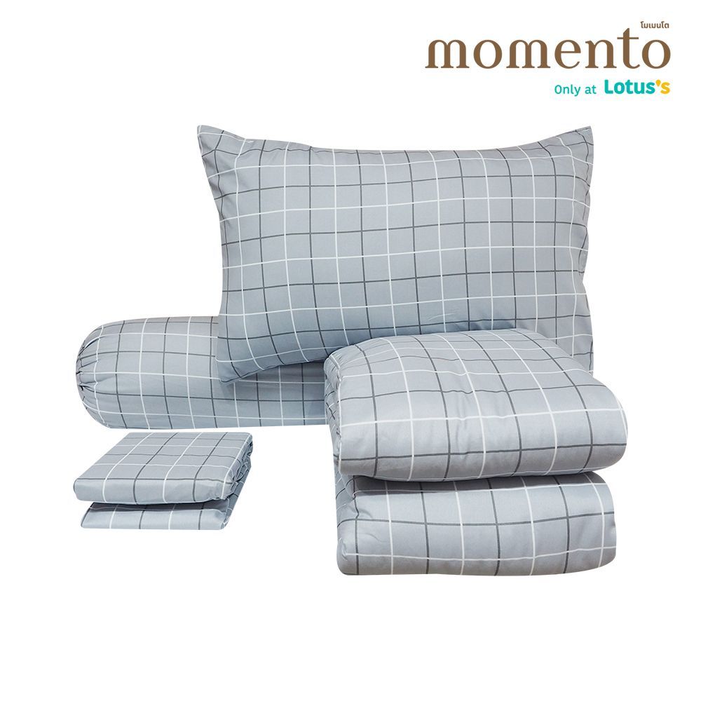 MOMENTO ผ้าปูไมโครตารางเทา 3.5 ฟุต + ผ้านวม