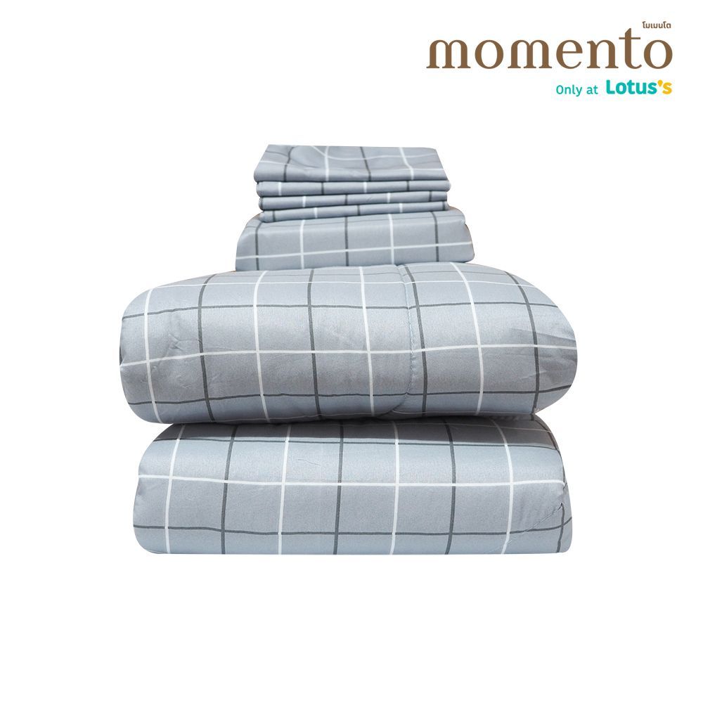 MOMENTO ผ้าปูไมโครตารางเทา 5 ฟุต + ผ้านวม