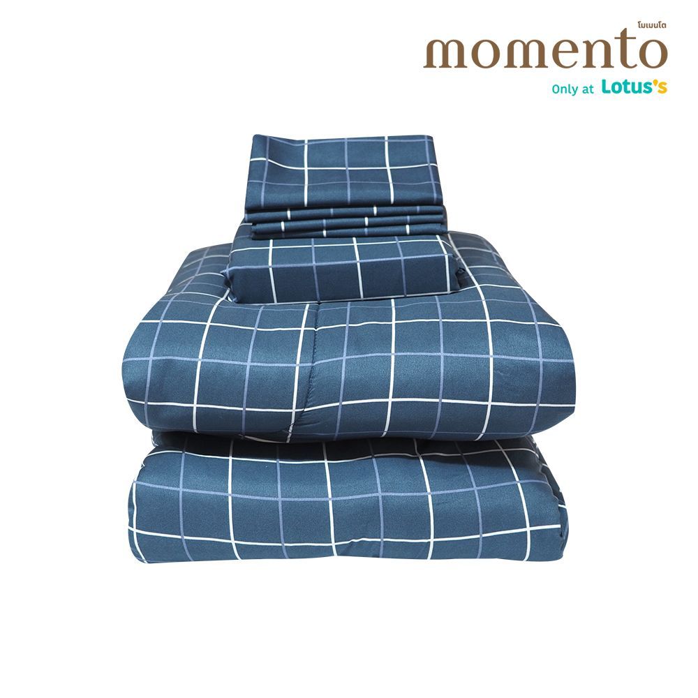 MOMENTO ผ้าปูไมโครตารางน้ำเงิน 6 ฟุต + ผ้านวม