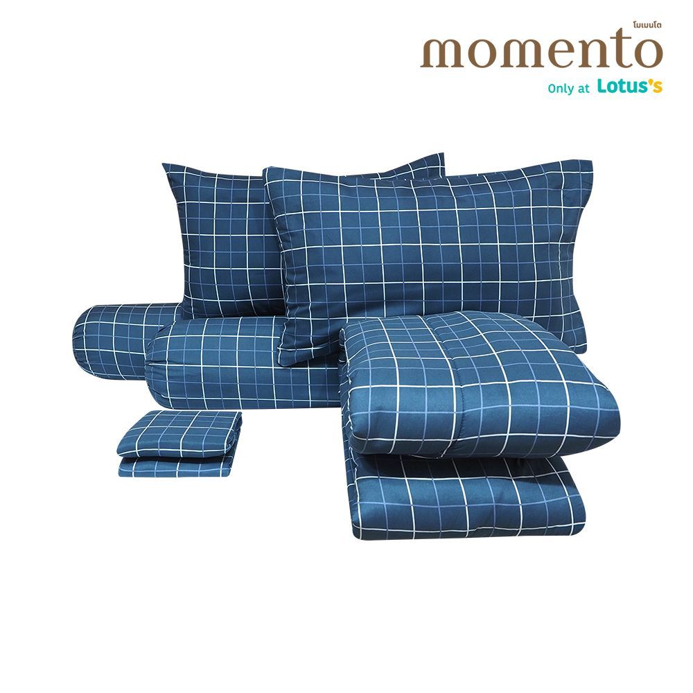 MOMENTO ผ้าปูไมโครตารางน้ำเงิน 6 ฟุต + ผ้านวม