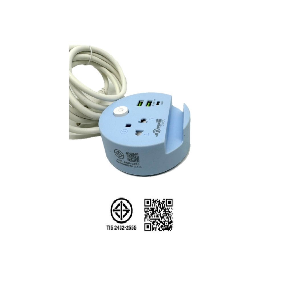 JOYOUS ปลั๊กไฟทรงกลม 1 ช่อง 1 สวิตช์ 2 เมตร USB (คละสี)