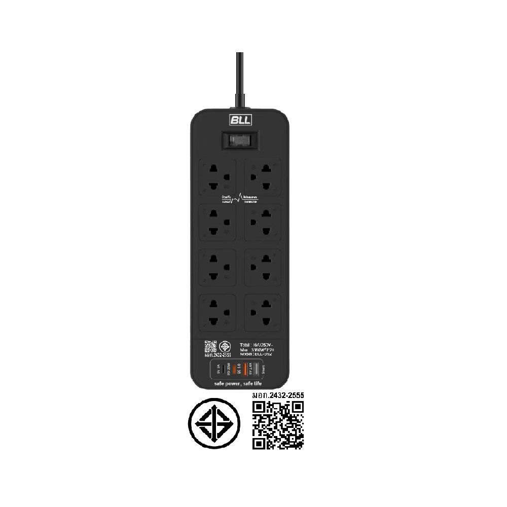 BLL ปลั๊กพ่วง 8 ช่อง 1 สวิตซ์ + 2 USB 2 TYPE C 3 เมตร