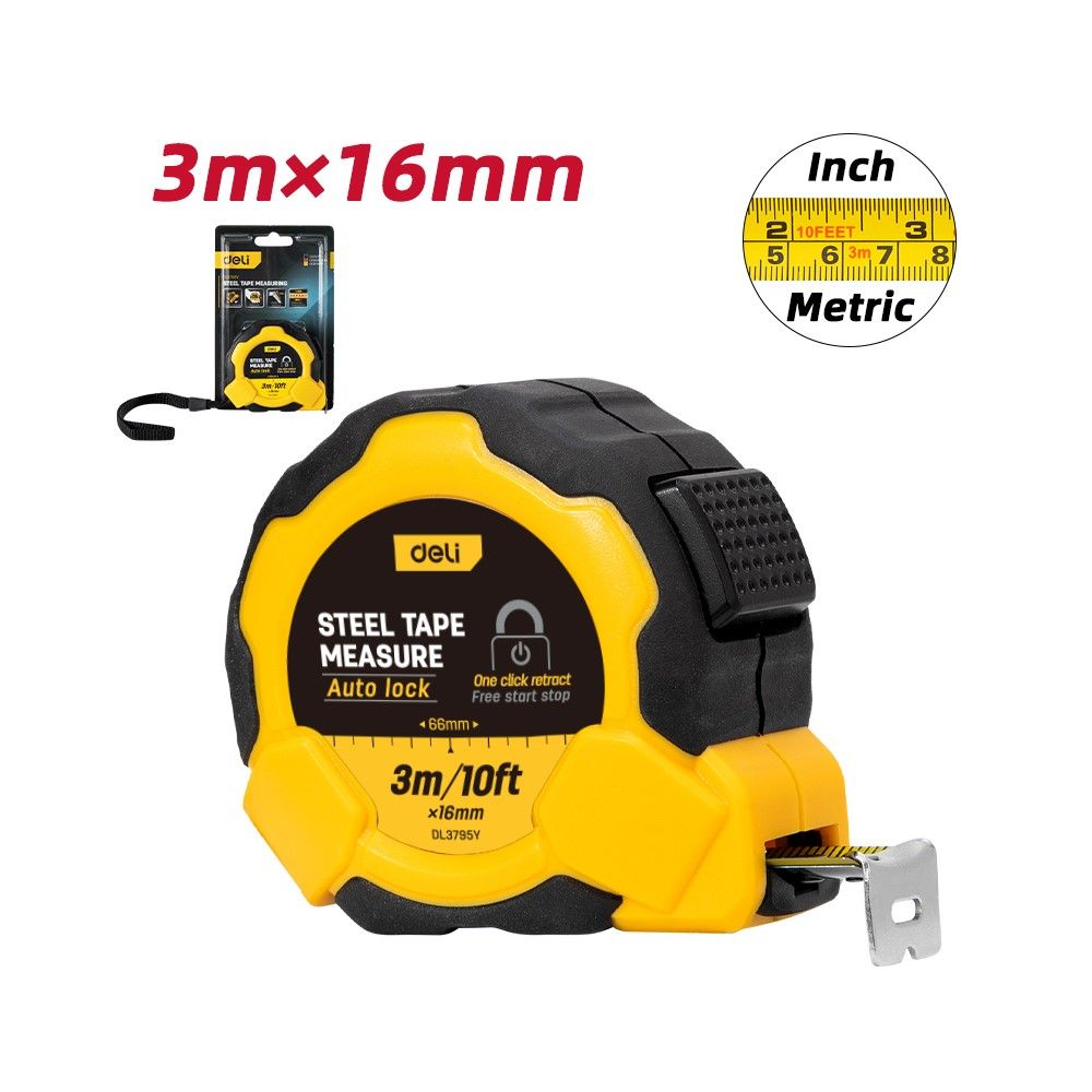 DELI ตลับเมตรล็อค AUTO 3 เมตร X 16 มม. รุ่น EDL3795Y