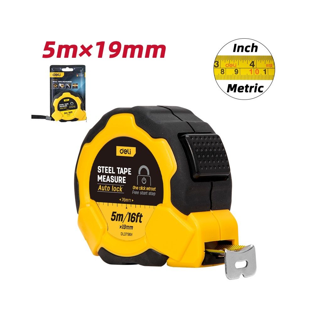 DELI ตลับเมตรล็อค AUTO 5 เมตร X 19 มม. รุ่น EDL3796Y