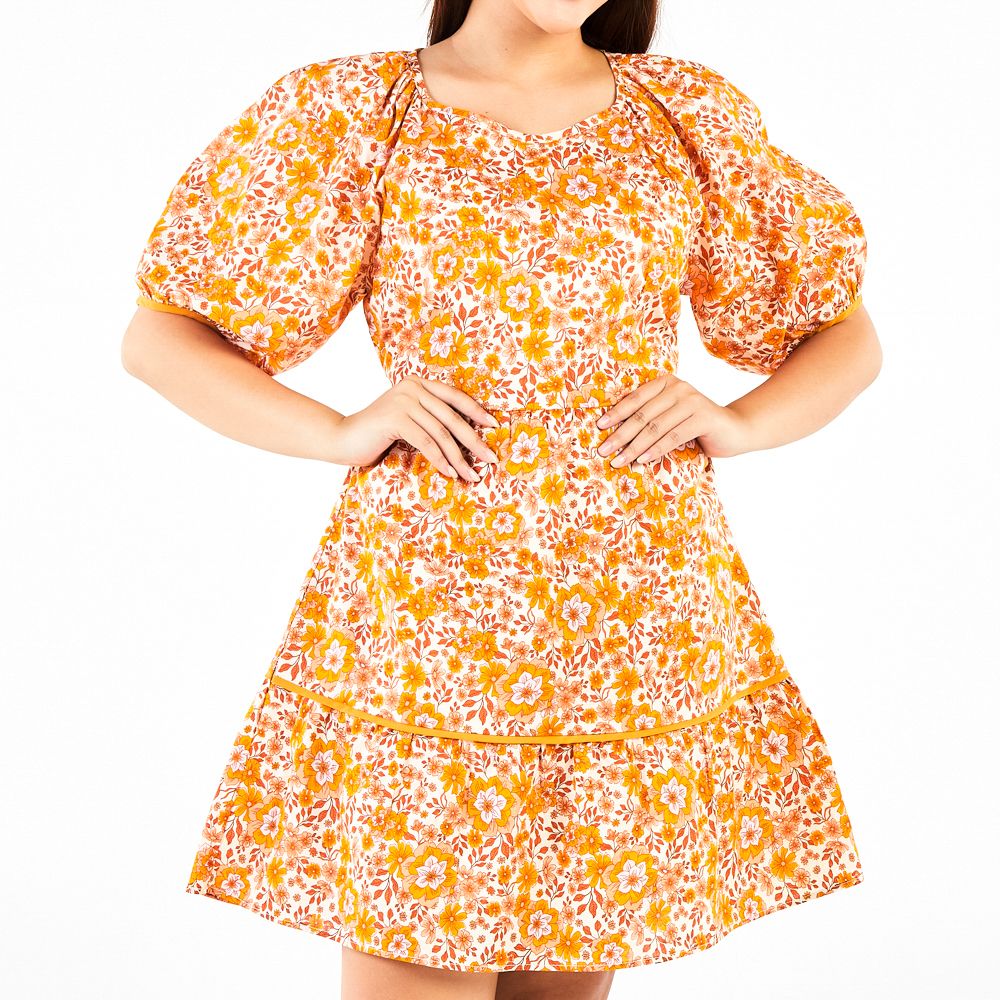 PRINTED PUFF SLEEVE DRESS YELLOW XL
