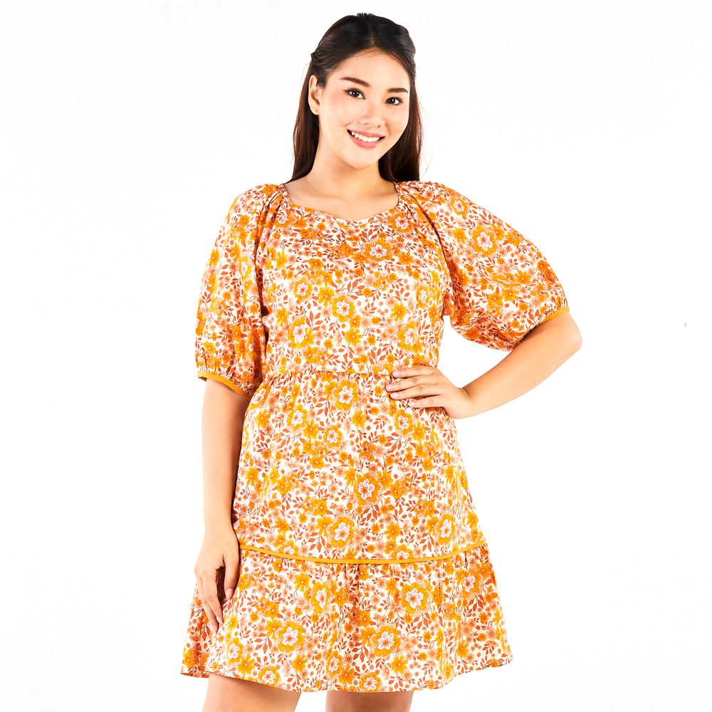 PRINTED PUFF SLEEVE DRESS YELLOW XL
