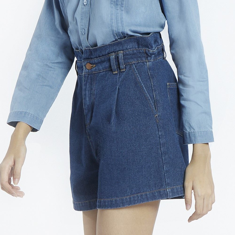 MESTYLE กางเกงยีนส์ขาสั้นเอวสูง สีเข้ม ไซซ์ L