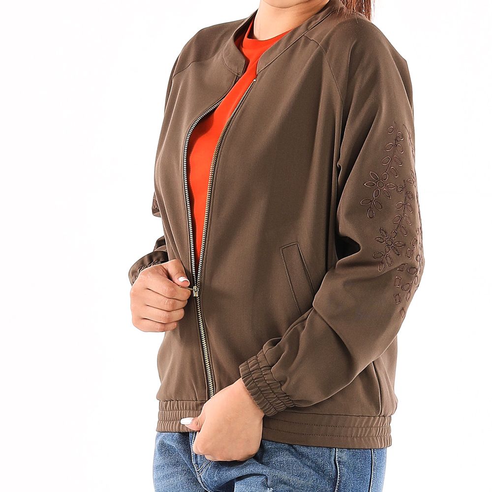 ME STYLE เสื้อแจ็คเก็ตแต่งปัก น้ำตาล XL