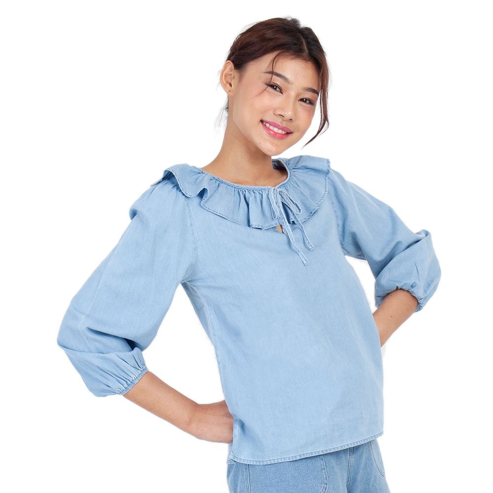 ME STYLE DENIM FRILL BLOUSE LIGHT COLOR XL