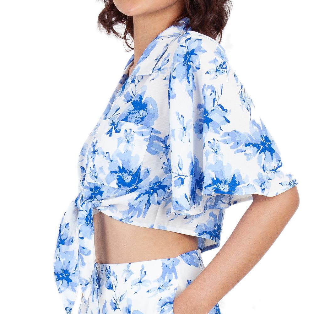 ME STYLE เสื้อเชิ้ตพิมพ์ผูกชาย สีฟ้า S