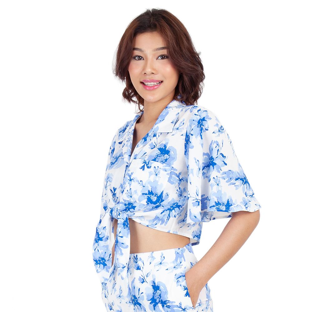 ME STYLE เสื้อเชิ้ตพิมพ์ผูกชาย สีฟ้า M