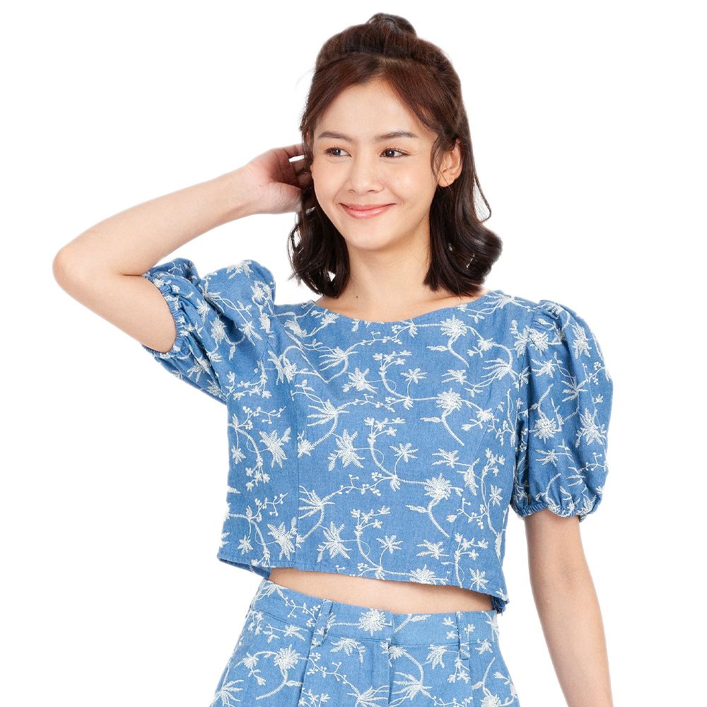 MESTYLE เสื้อแขนพองปักลาย สีฟ้าเข้ม ไซส์ M