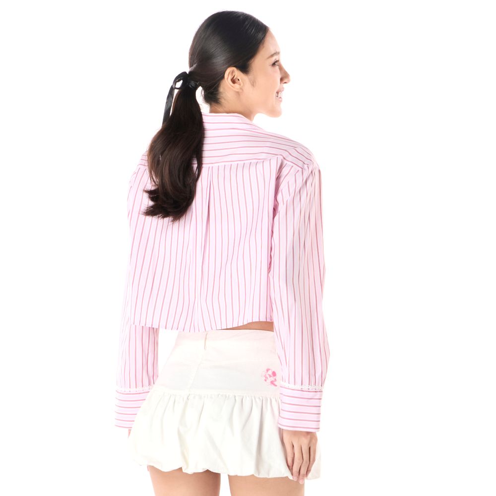 MESTYLE เสื้อครอปพิมพ์ลายริ้ว สีชมพู ไซซ์ XL
