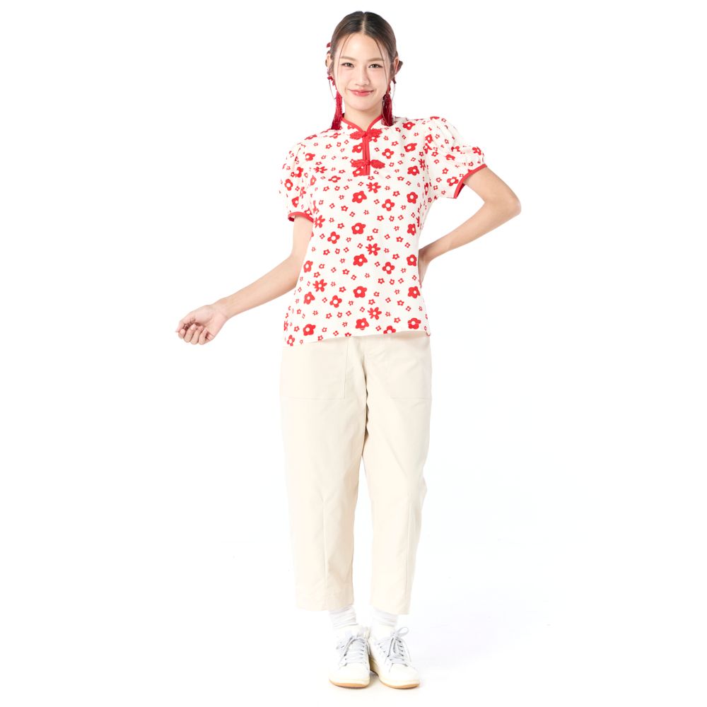 MESTYLE เสื้อแขนสั้นคอจีน ตรุษจีน สีแดง ไซซ์ XL