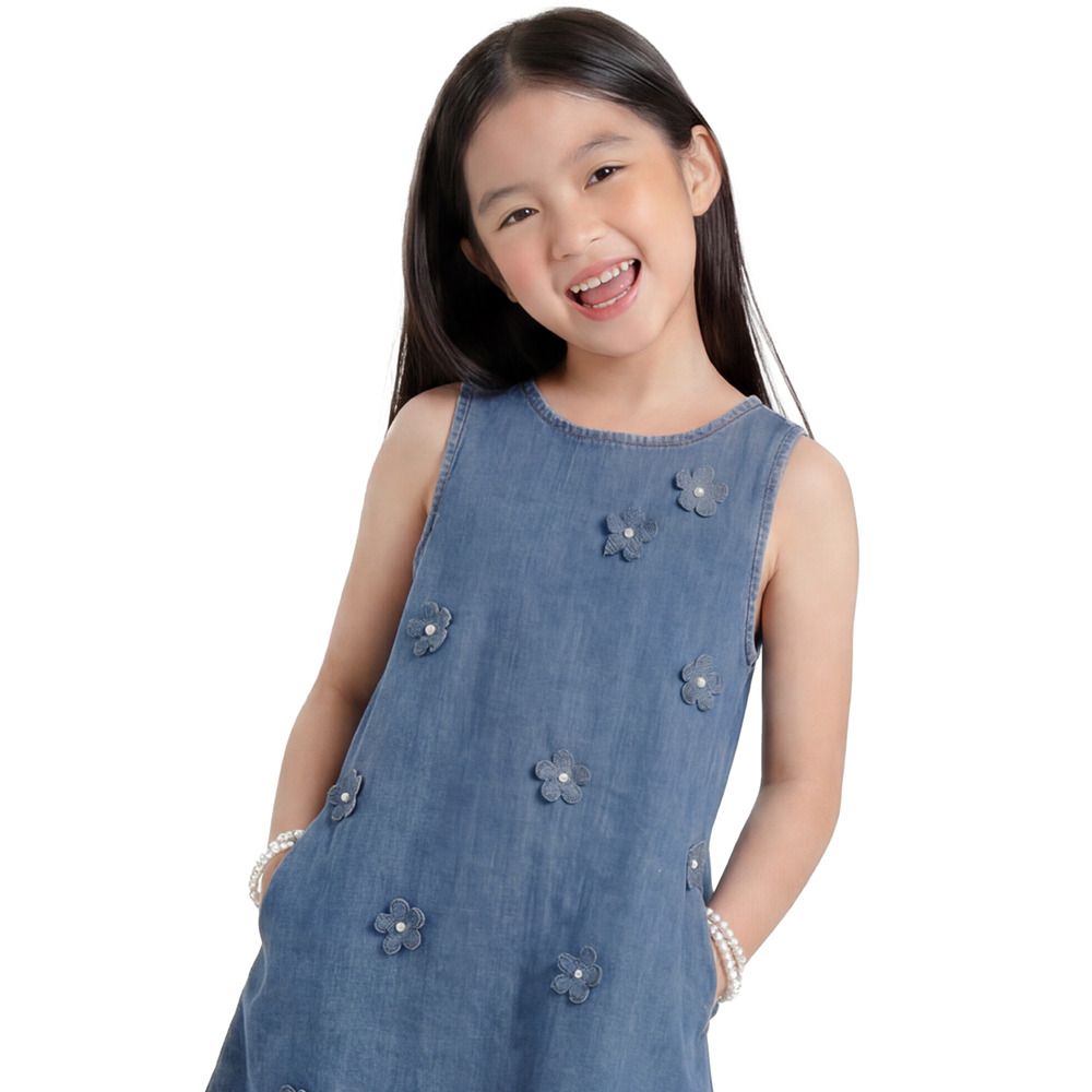 MESTYLE DENIM DRESS WITH FLOWER BLOOMING MID BLUE SIZE 9