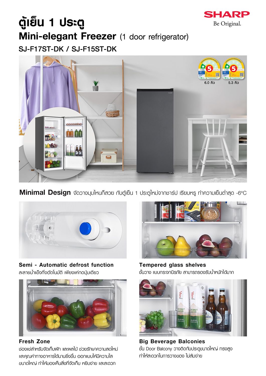 SHARP REFRIGERATOR 1 DOOR 5.4Q MODEL SJ-F15ST-DK