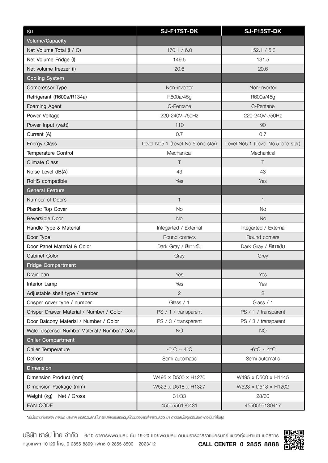 SHARP REFRIGERATOR 1 DOOR 5.4Q MODEL SJ-F15ST-DK
