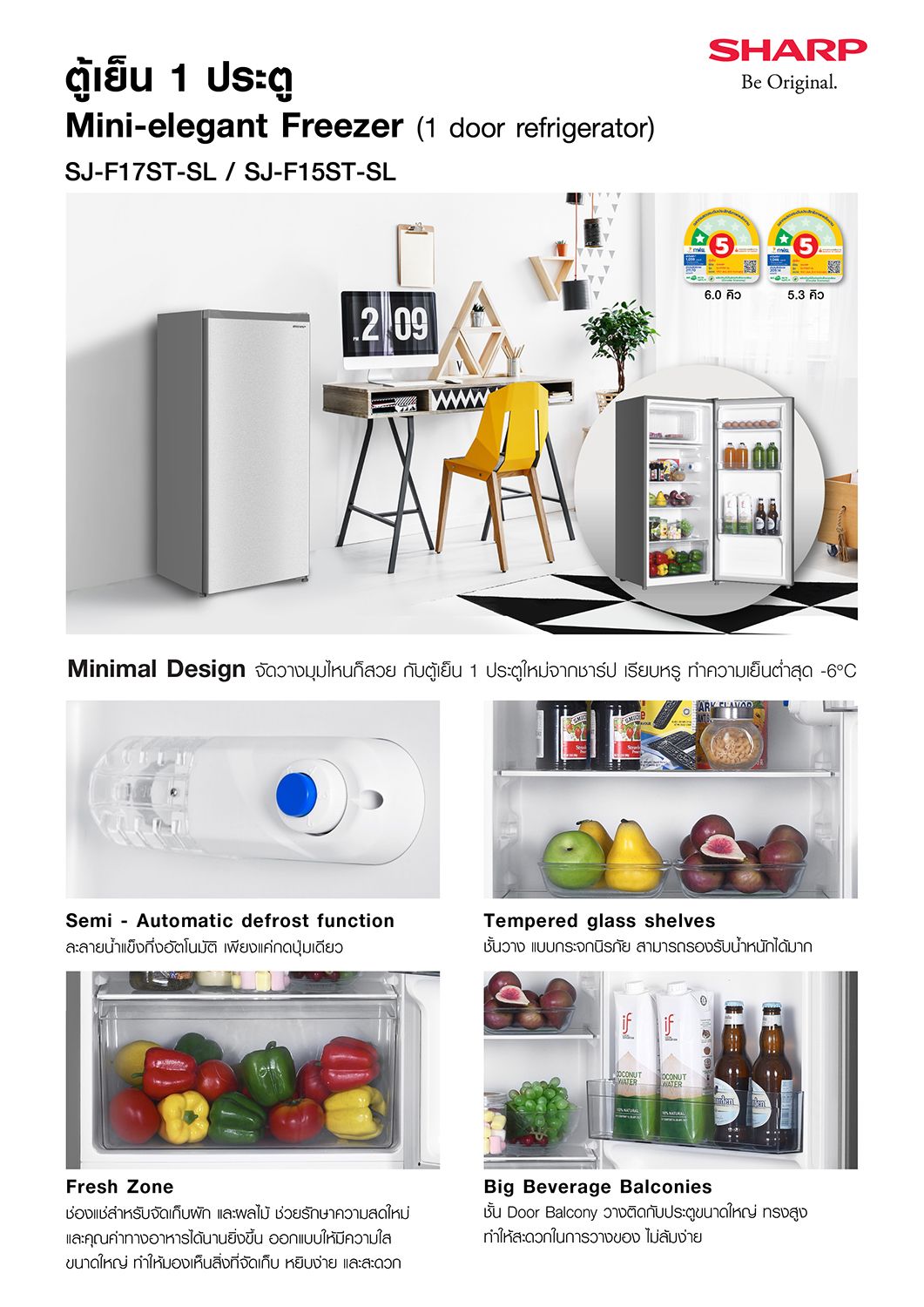 SHARP REFRIGERATOR 1 DOOR 6Q MODEL SJ-F17ST-SL