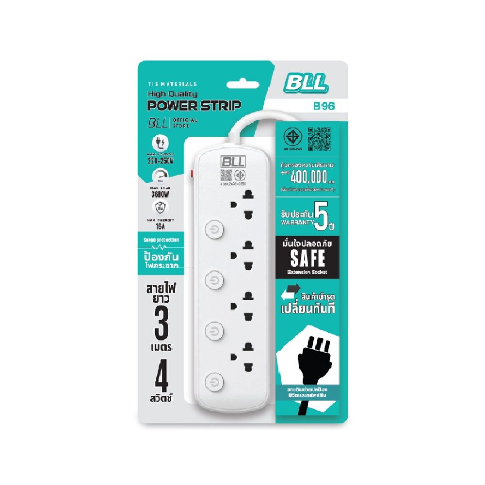 BLL STRIP PLUG B96 4 SOCKET 4 SWITCH 16A 3 M