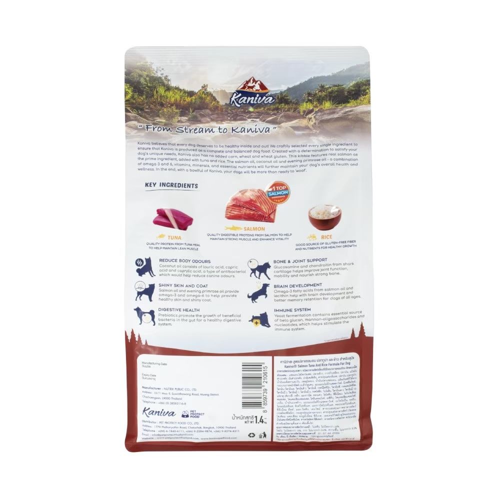 คานิว่า อาหารสุนัข สูตรแซลมอน ปลาทูน่าและข้าว 1.4 กก.