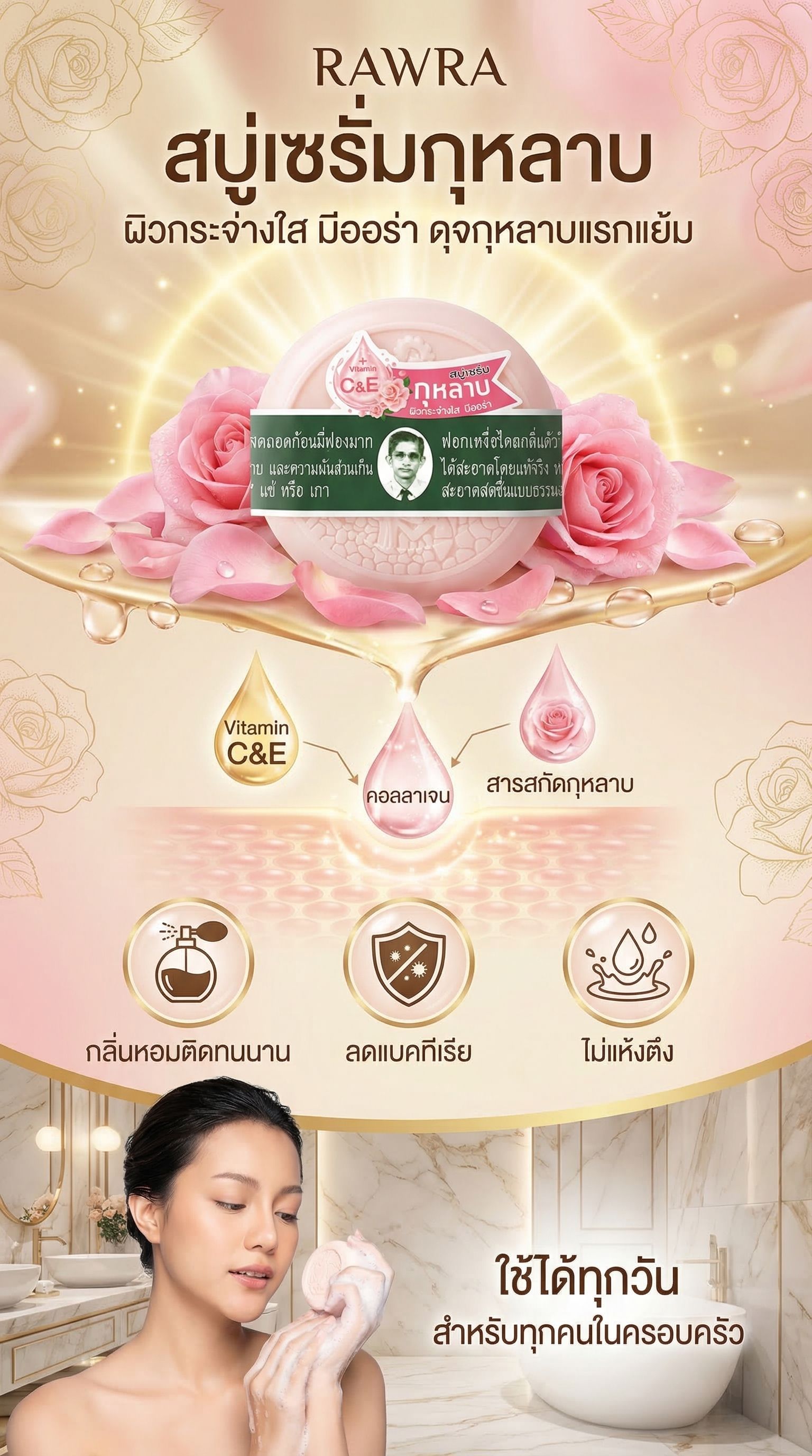 รอว์ร่า สบู่สมุนไพรกลั่นเซรั่มกุหลาบ 170 กรัม