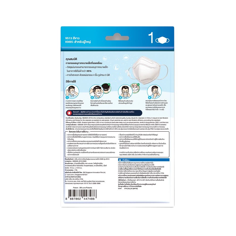3M หน้ากากป้องกันฝุ่น KN95 สีขาว 1ชิ้น