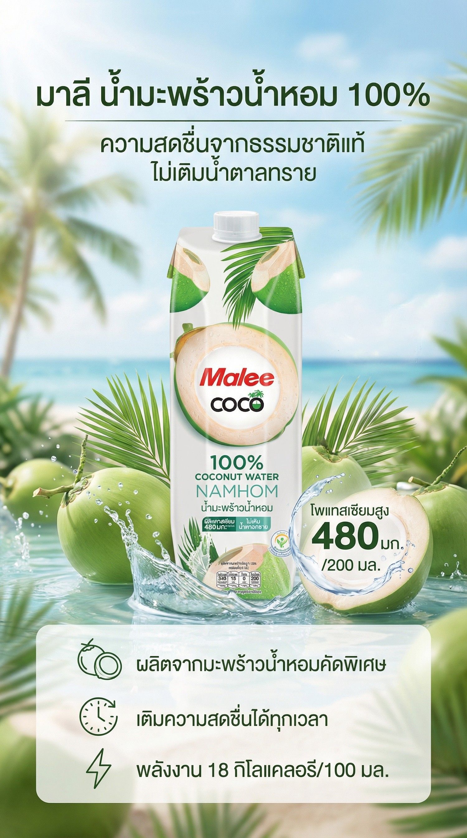 MALEE 100% NAMHOM COCONUT WATER 1000 ML.